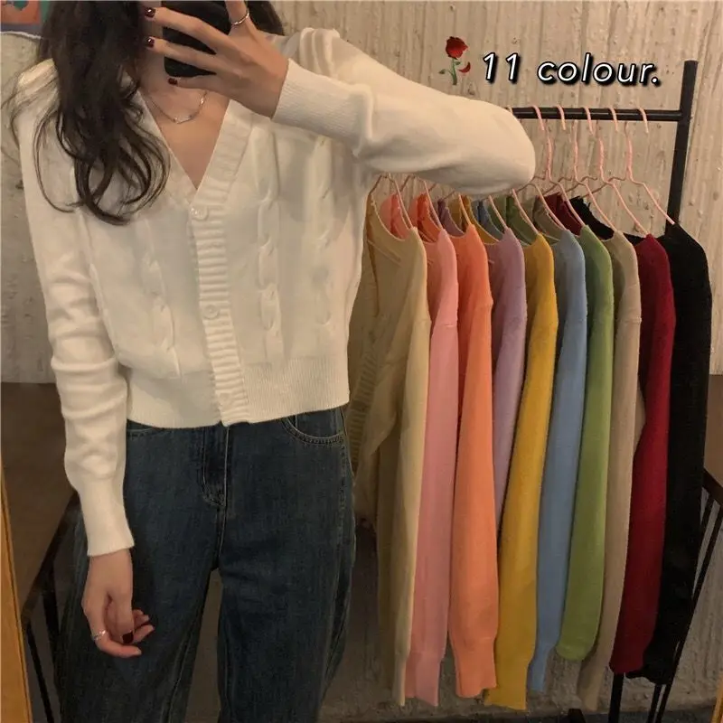 

2022 Spring Women Sweater Fashion Knitted Cardigans Autumn Female Long Sleeve Loose Coat Casual Button Ladies V Neck Solid Tops