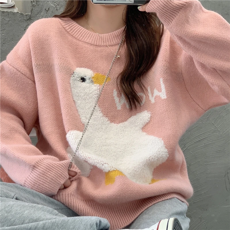 

2021 Winter Plus Size Sweet Cartoon Goose Print Loose Knitted Sweater Women Fashion Casual Korean O Neck Long Sleeve Oversize Pu