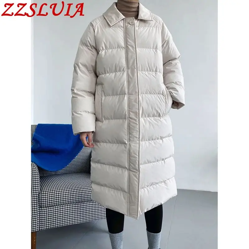

Women's Mid-length Down Padded Jacket With Belt Turn Down Collar Long Sleeve Thick Warm Bread Cotton Coat Winter Clothing Female