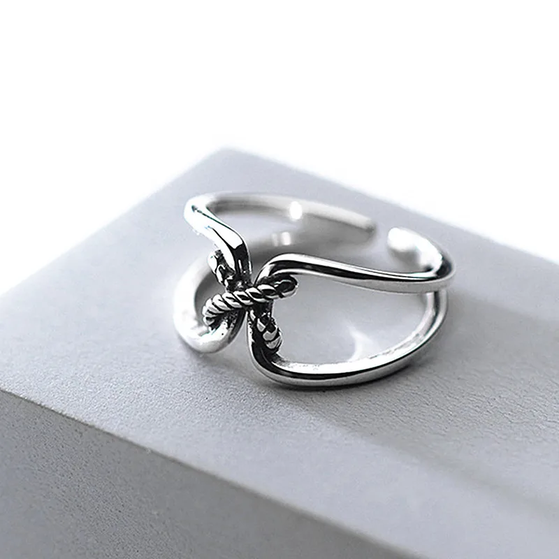 MEETSOFT Thai Silver Opening Ring With 925 Stamp For Women Simple Adjustable Retro Small Rope Knot Double Layer Jewelry Gift | Украшения и
