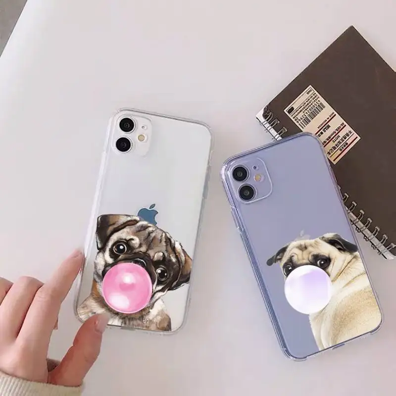 

Cute dog puppy Pug Bulldog blowing Phone Case Clear Transparent for iPhone 11 12 13 mini pro XS MAX 8 7 6S Plus X 5S SE XR 2020