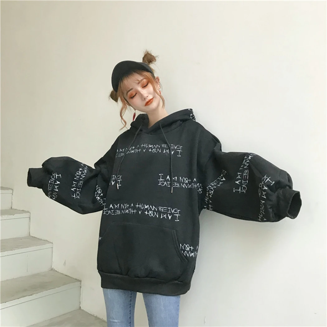 Women Ulzzang Harajuku Hooded Sweatshirt 2019 New Korea Style Thickening Plush Long Sleeve Large Sweatshirts Vroumen Hoodies Top | Женская