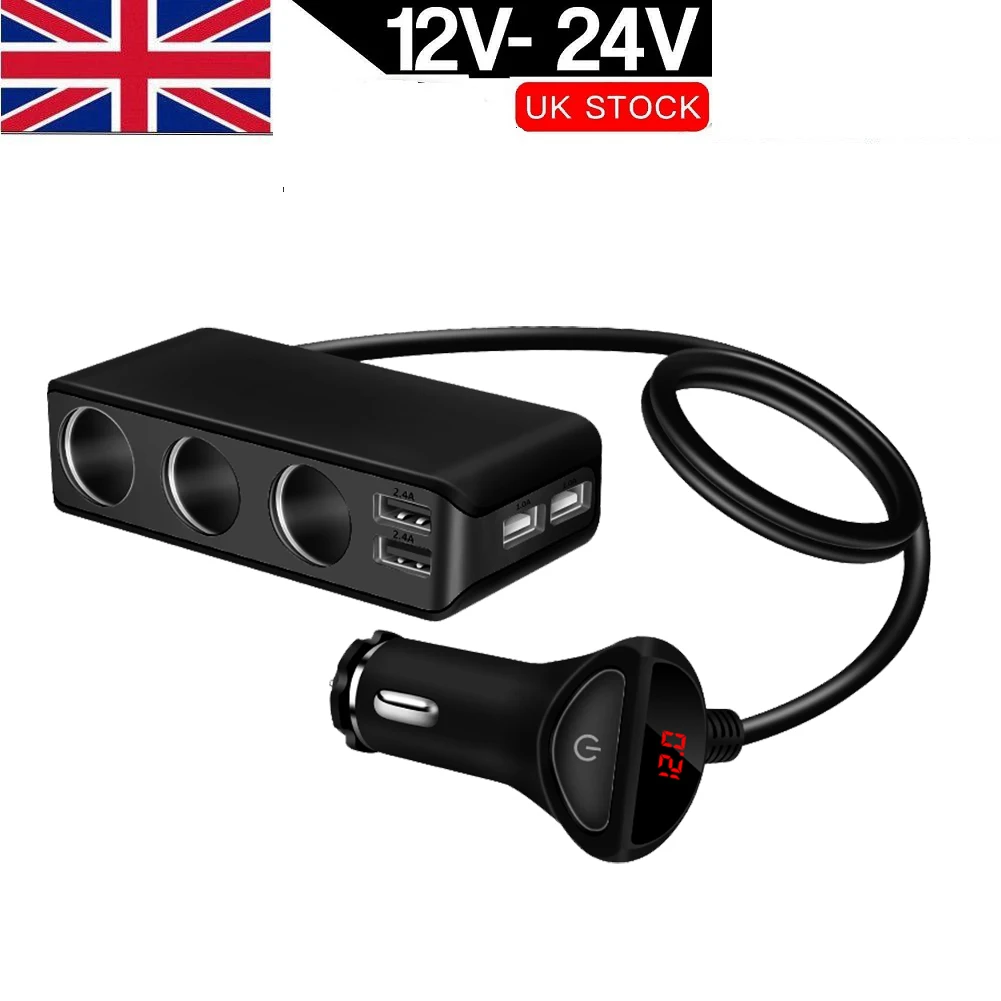 

Car Cigarette Lighter 4 USB Port 3 Way Socket Splitter 120W Output Power Adapter 12~24V Charger Fast Charging Voltmeter Display