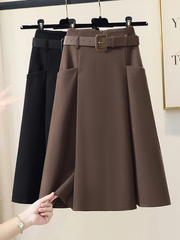 

Office Ladies Vintage Wool Design A-Line Long Skirt Women 2022 New Wild Fashion Slim Casual Solid Skirt Female Korean