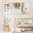 Лето, Санторини, постер с принтом пастели, розовые цветы, Картина на холсте, Минималистичная Современная Настенная картина для гостиной, домашний декор
