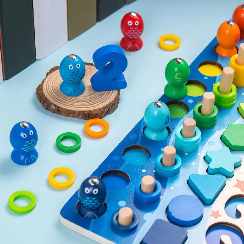 

Montessori Educational Wooden Fishing Toys Geometric Shape Figures Match Board Learning Math Toy Preschool Children Cognition