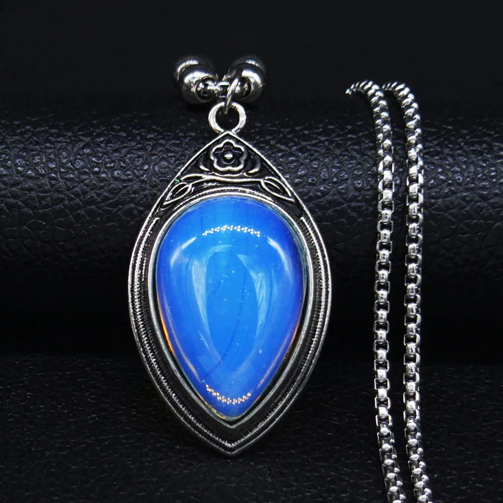 

2021 Moonstone Stainless Steel Long Bohemia Necklace Women Water Drop Necklaces Pendants Jewelry collier ethnique boheme NF9S04