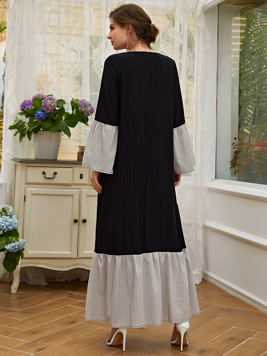 Wepbel Ramadan Djellaba Robe Marocain Kaftan Robe Women Stitching Muslim Abaya Elegant Embroidered Long-Sleeved Hijab Dress