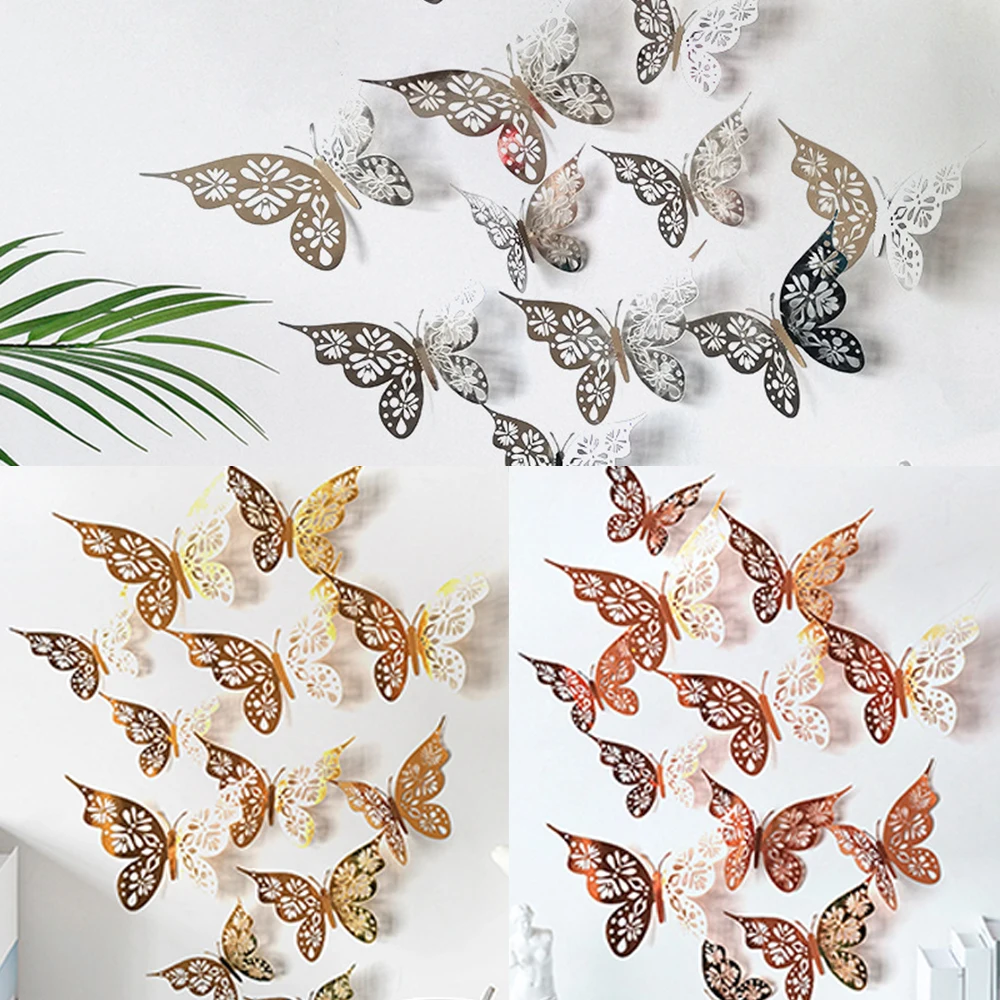 

12pcs Hollow 3D Butterfly Wall Sticker For Wedding Decoration Metallic Decals Home Room Decorations Decor Butterflies Stickers