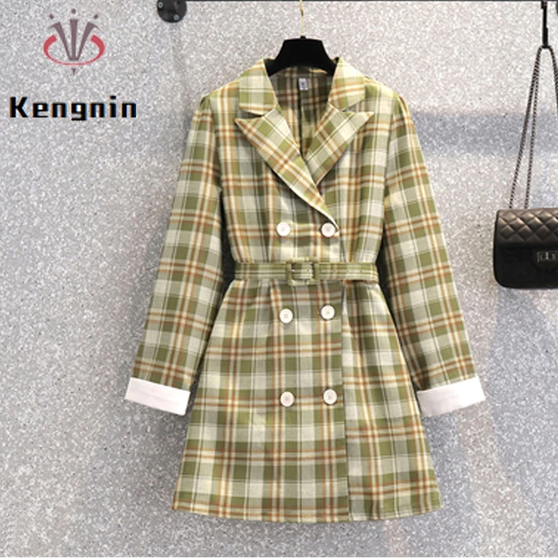 

2021 Autumn Women's Dresses Oversized Loose Long Sleeve Ladies Vestidos Dress Sashes Plaid Blazer Dresses Green Robe KE1653