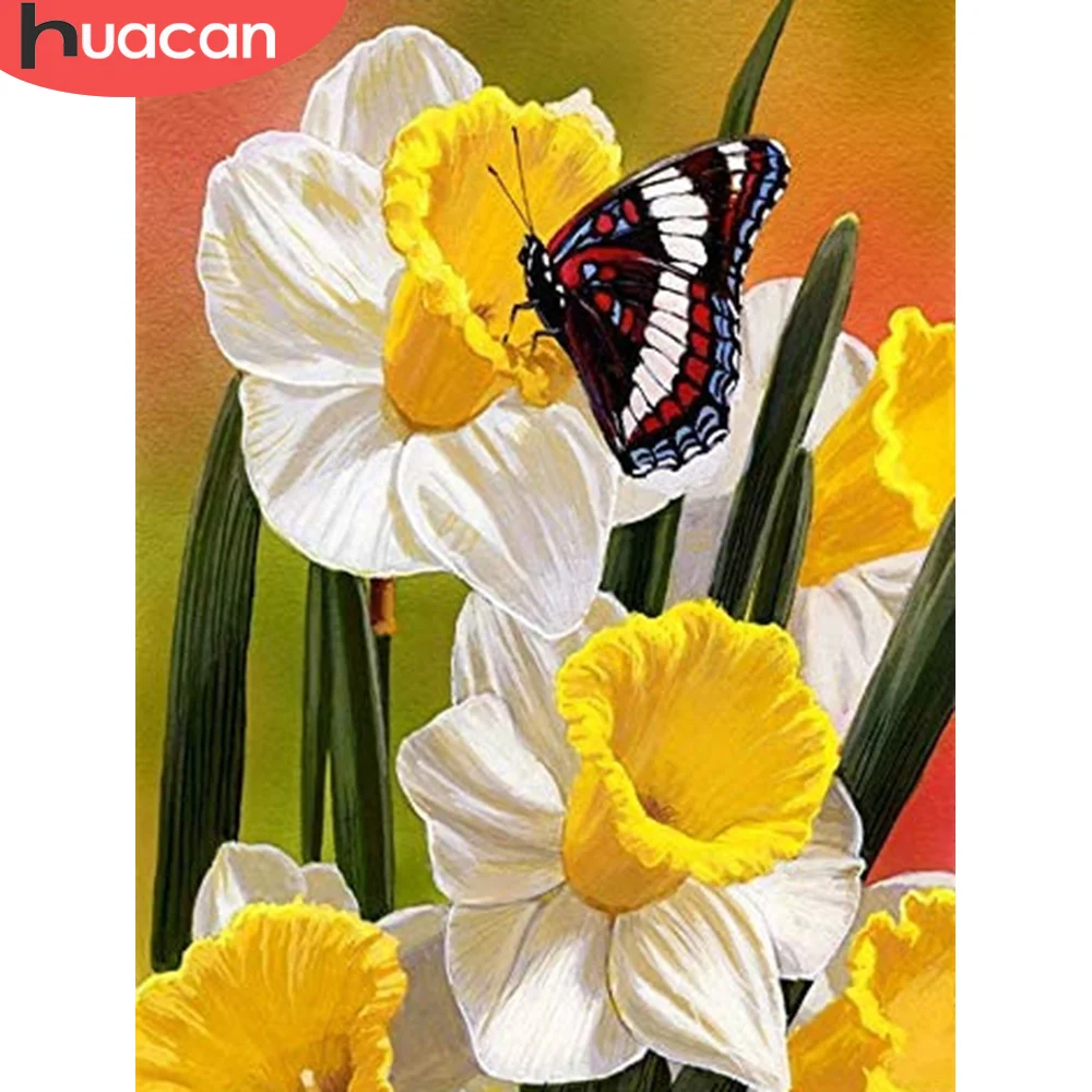 

Алмазная картина HUACAN DIY Алмазная Цветочная мозаика Daffodil, лилия, Бабочка, полный набор для вышивки, подарок ручной работы