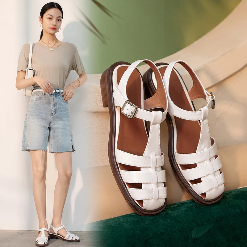 

2021New Summer Women Shoes Genuine Leather Round Toe Chunky Heel Buckle Women Sandals Casual Gladiator Sandals for Women