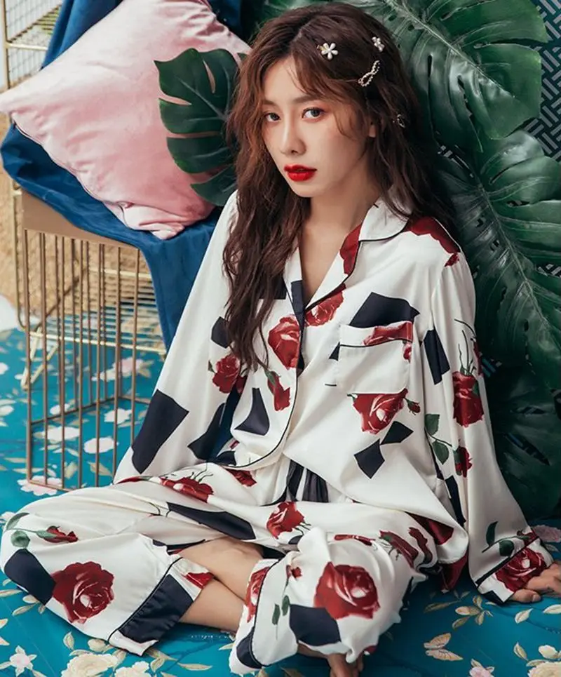 Smmoloa Autumn Winter Long Sleeves Pijama Women Nature Silk Pajamas