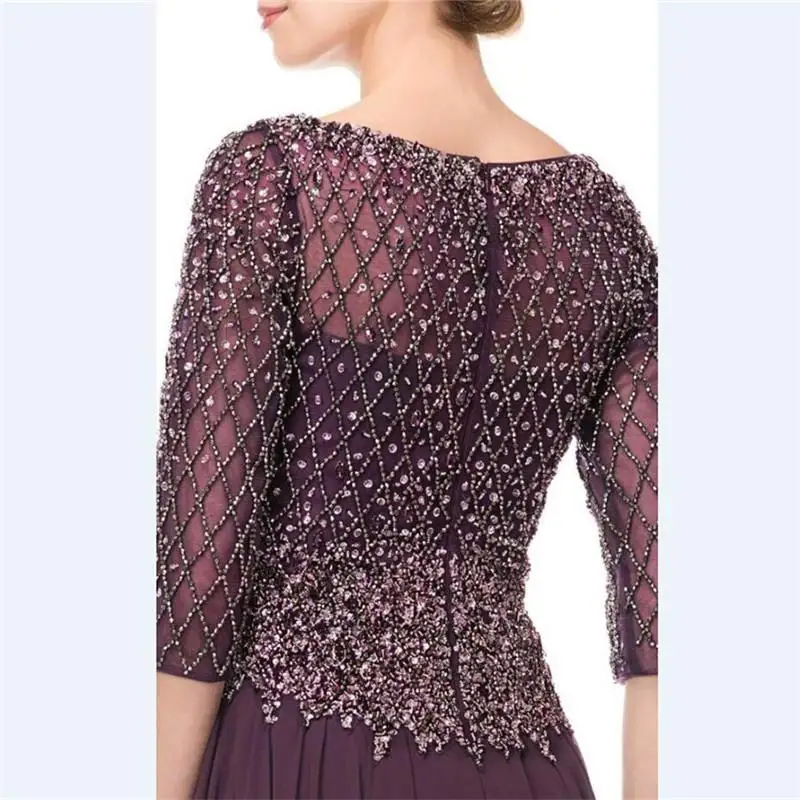 

V Neck evening Prom Gowns 2018 Lxury beading Purple Chiffon Long Custom 3/4 Sleeves Heavy Beads Mother Of the Bride Dresses