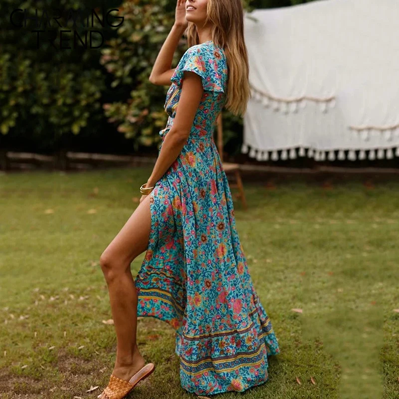 Женское длинное платье в богемном стиле с v образным вырезом и поясом Пляжное