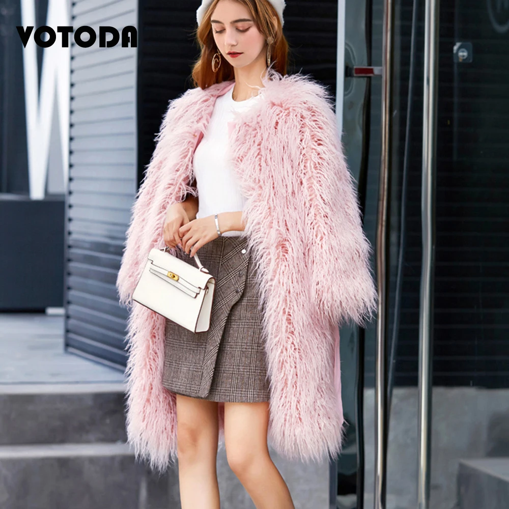 Women Long Mongolian Wool Fur Coat Pink Elegant Faux Fur Coat Fluffy Furry Warm Outerwear Ladies Thick Jacket Lambswool Overcoat