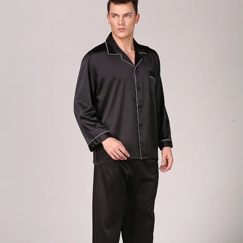 

Men's Black Silk Pajamas Set Spring and Summer Long-sleeved Solid Color Suit Large Size Home Suits Red Satin Set Pijama Hombre