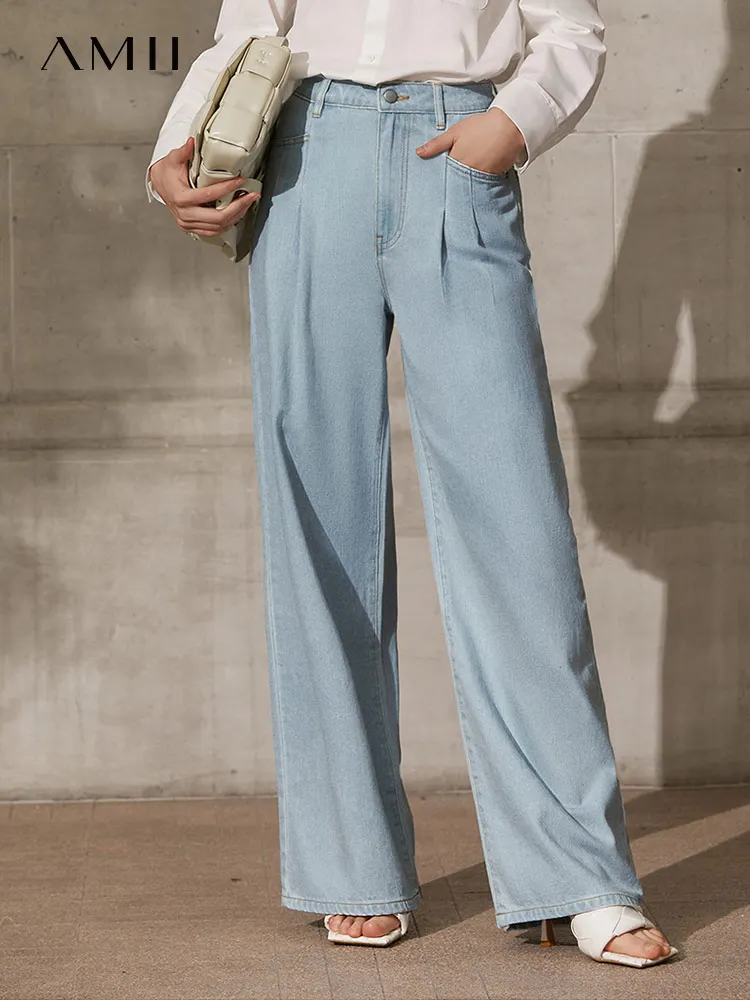 

Amii Minimalism Spring Summer Fashion Jeans For Women Causal High Waist Loose Light Blue Woman Pants 12140211