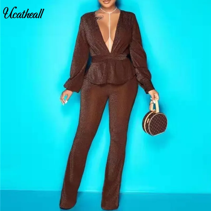 

Комплект из двух предметов с длинным рукавом и поясом, осенний пиджак с глубоким V-образным вырезом и облегающие брюки