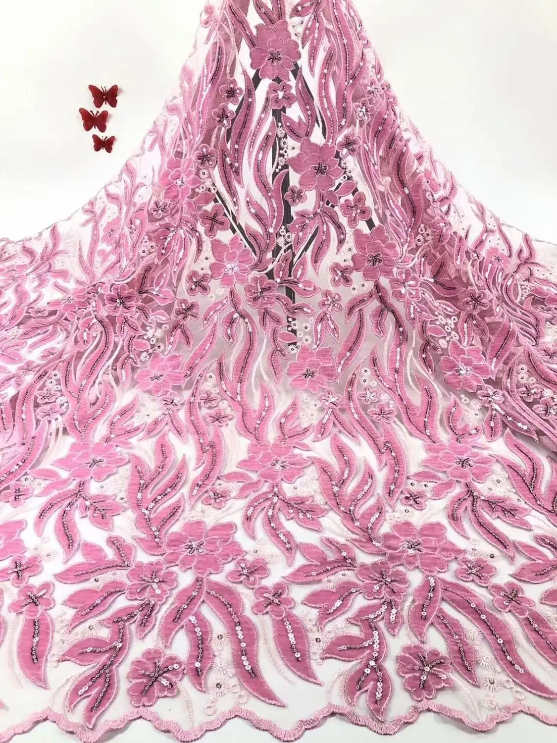Розовая бархатная кружевная ткань для платьев новейшее нигерийское французское