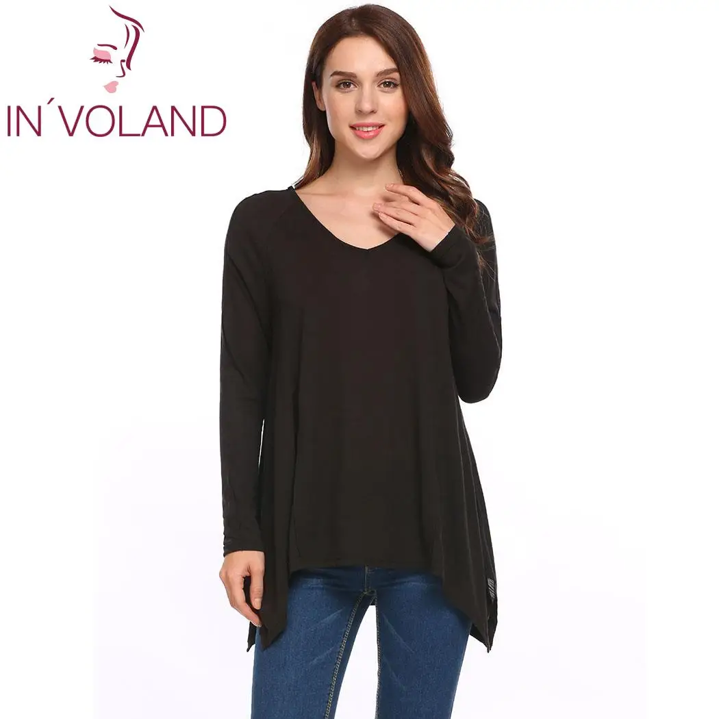 Женская Повседневная Весенняя Осенняя футболка с v образным вырезом и длинным