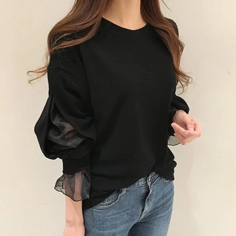 Осенне зимние рубашки повседневный свободный черный пуловер с длинными рукавами