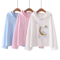 chinese style hooded sweatshirts women cotton hoodies 2021 summer thin long sleeved student pullovers tassel buckle sweet tops