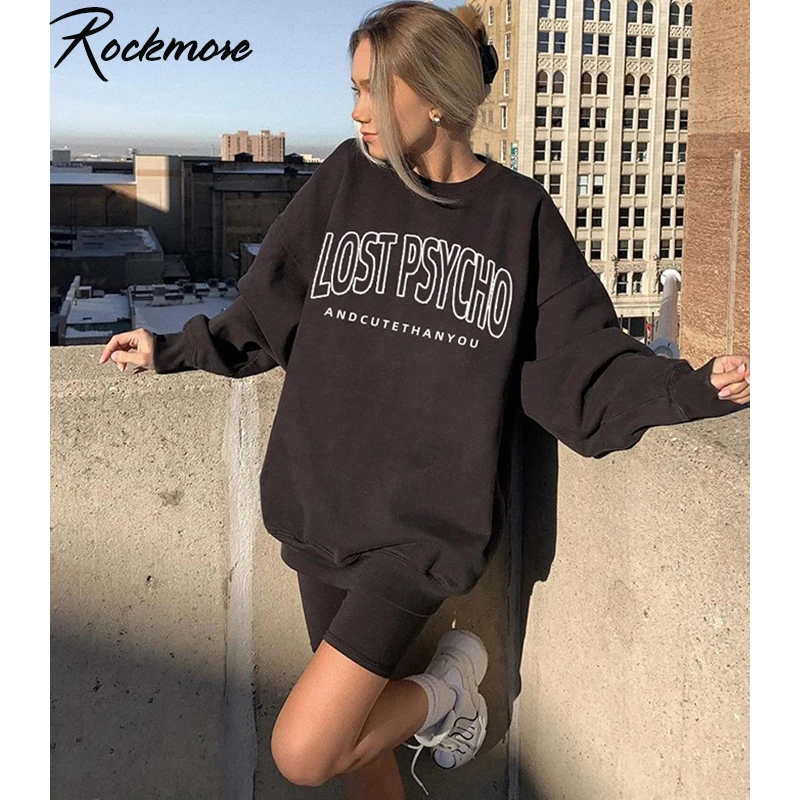 

Rockmore/длинные толстовки с буквенным принтом для женщин; Пуловеры с длинными рукавами большого размера; Уличная одежда; Осенние толстовки в с...