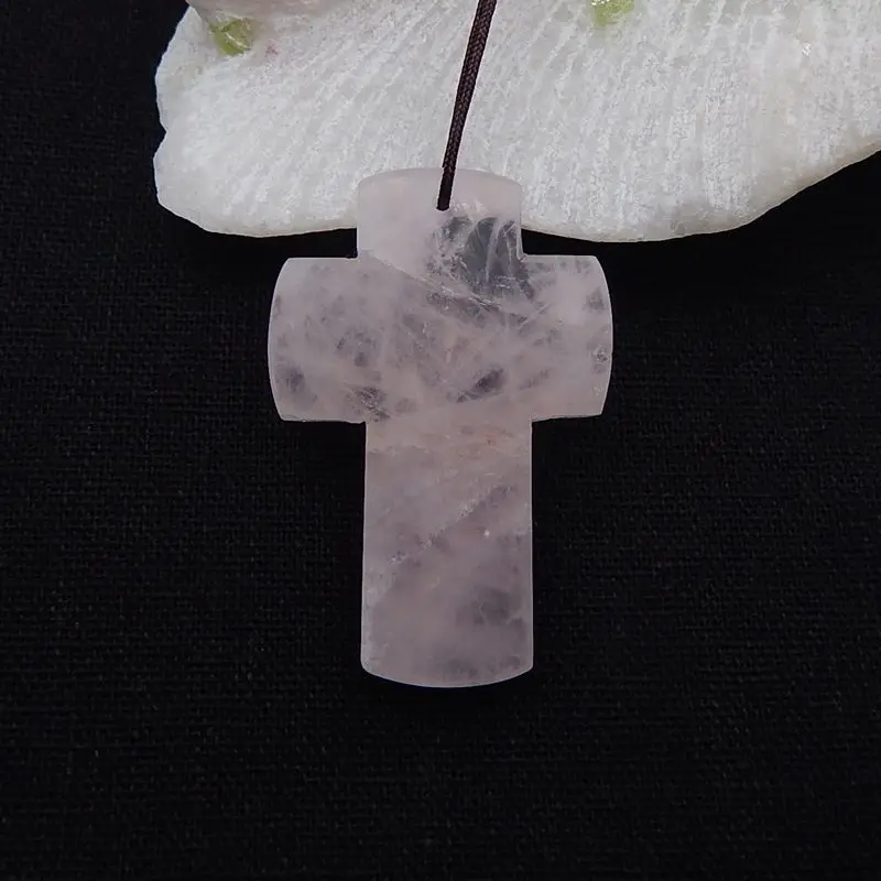 Natural Stone Rose Quartz Cross Necklace Pendant Jewelry Gift Gem Customized Gemstone 45x30x7mm 15g