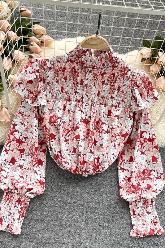 

2021 new style female foreign air bubble sleeve loose wild sweet and age-reducing floral blouse female stand-up collar shirt