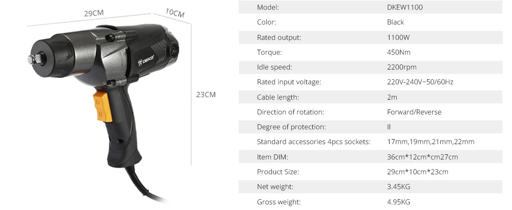 DEKO DKEW1100 1100 Вт Электрический ударный гайковерт проводной 1/2 дюйма, 450н. М Максимальный крутящий момент, 2200 об/мин скорость, двухнаправленный кулисный переключатель