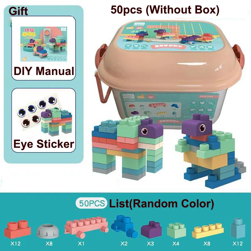 50pcs -No Box Новинка, 20~ 45 шт, большой размер, частицы, мягкие кирпичи, красочные, сделай сам, буквы, машины, животные, просвещение образовательный, строительный блок, детские игрушки - Цвет: 50pcs -No Box