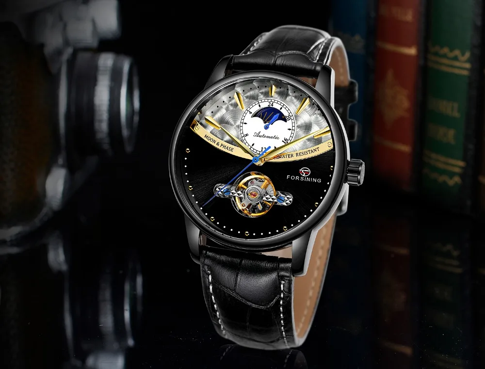 Классические Механические часы Forsining Blue Moon Phase, автоматические турбийон, мужские часы из натуральной кожи, мужские часы, Прямая поставка