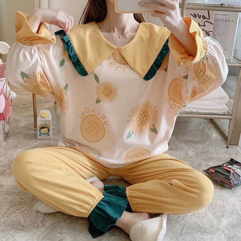 

Loose Version Pajamas Women Sleepwear Col Claudine Cotton Spring Fall Pyjamas Plus Size XXL Pullover Cartoon Nighty