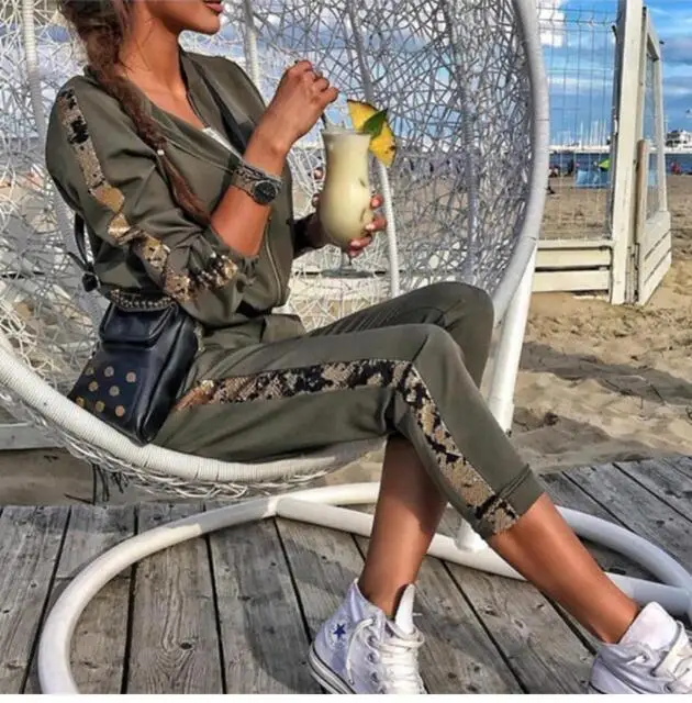

2 Piece Women's Tracksuits Set Long Sleeve Patchwork Female Sports Sets Elastic Waist Pants Suit 2021 Spring Fashion Ladies Suit