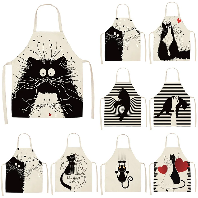 

Black Cute Cartoon Cat Printed Sleeveless Aprons for Man Woman 68-55cm Home Kitchen Apron Cleaning Tools Bibs Pinafores