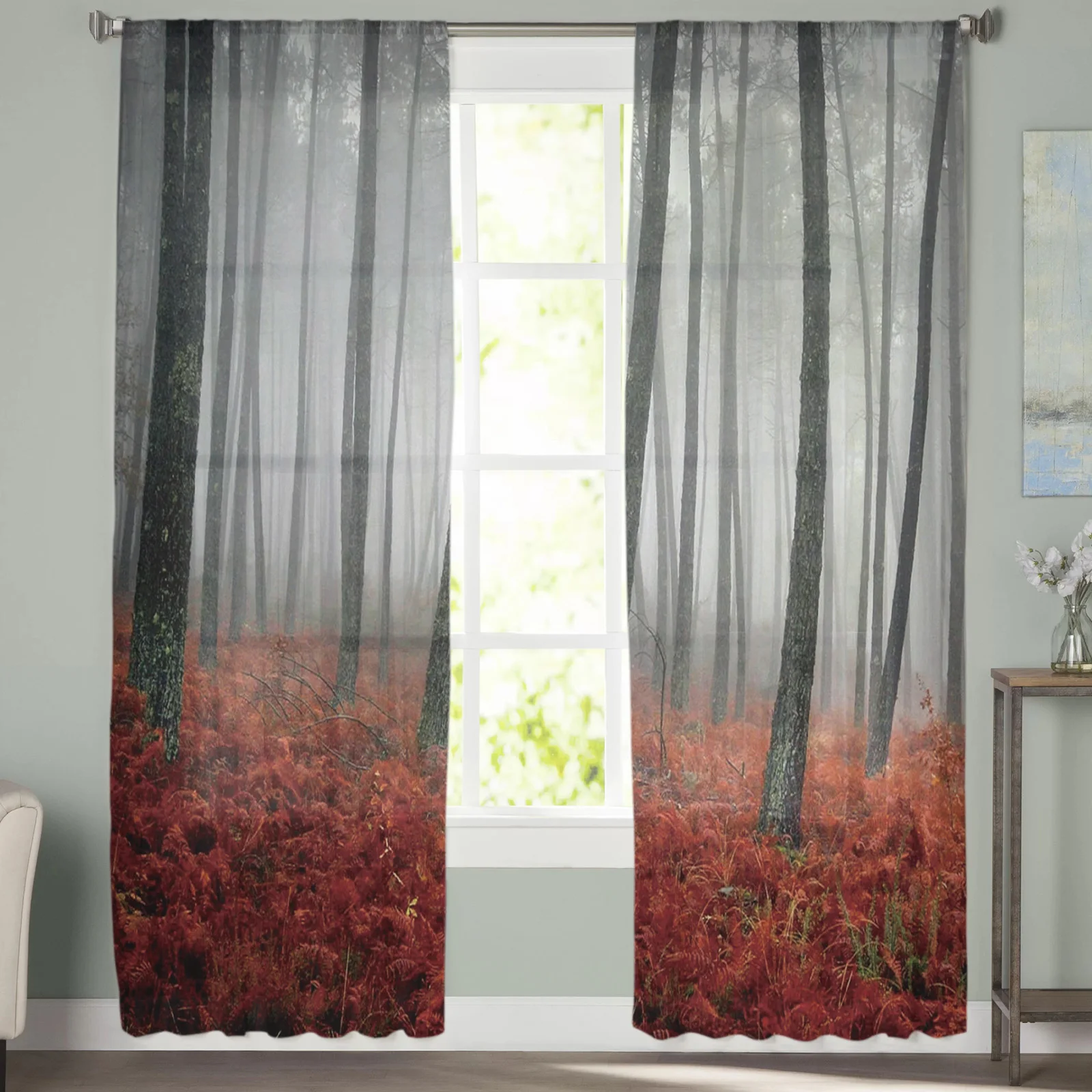 Прозрачные Занавески с изображением красных листьев леса для гостиной