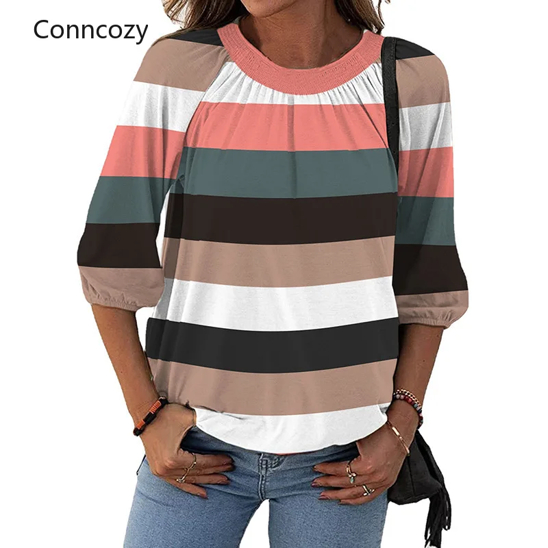 

Женская футболка в полоску, с рукавом 3/4 и круглым вырезом