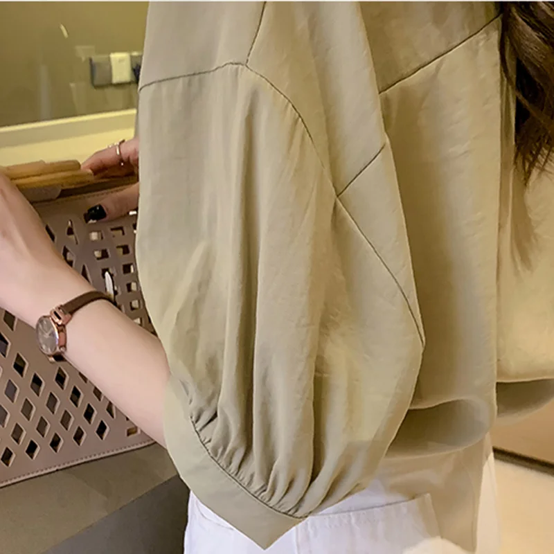 

Women's Shirts Lantern Sleeve Drop-shoulder Button Loose Basic All-match Casual Shirts Girls 2021 Sweet Summer Solid Ladies Tops