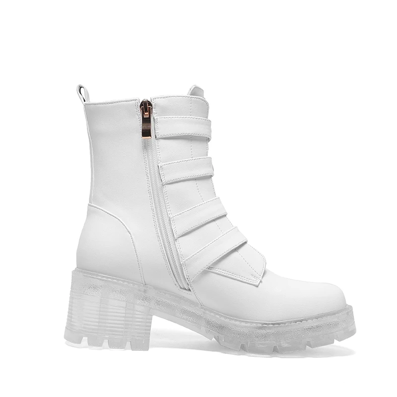 Dovereiss Fashion Women's Shoes Winter Round Toe White Buckle Zipper Natural Leather Concise Block Heels Short Boots 34-40