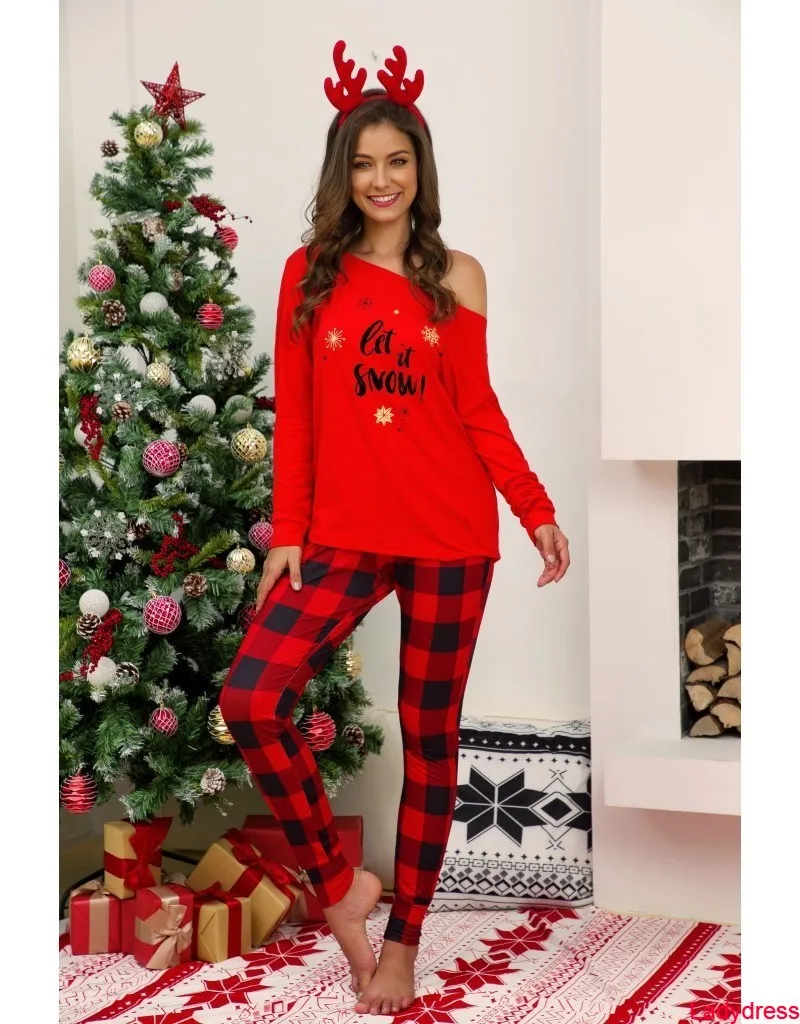 

2020 new 2020 Christmas Two-piece Set Women Letters Printed Long Sleeve T-Shirt Plaid Long Pants Casual Pajamas Female Home Serv