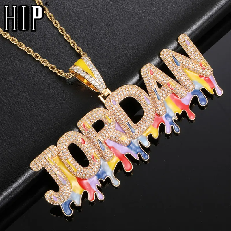 Hip Hop Customized Name Water Drop Letters Dripping oil Cubic Zircon Iced Out Chain Pendants & Necklaces For Men Jewelry Solid