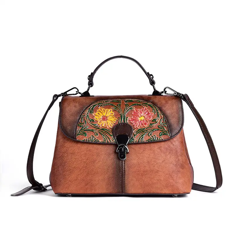 

Nesitu Highend Flower Pattern Vintage Brown Green Black Genuine Leather Small Women Handbags Girl Shoulder Messenger Bags M177