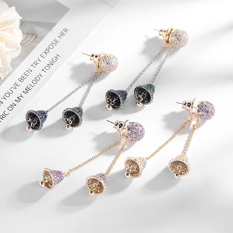 

Luxury Color Zircon Earring Female Beauty Eardrop Tassels Small Bell Jewelry Silver Post Ear Stud Fashion Accessories Ornament