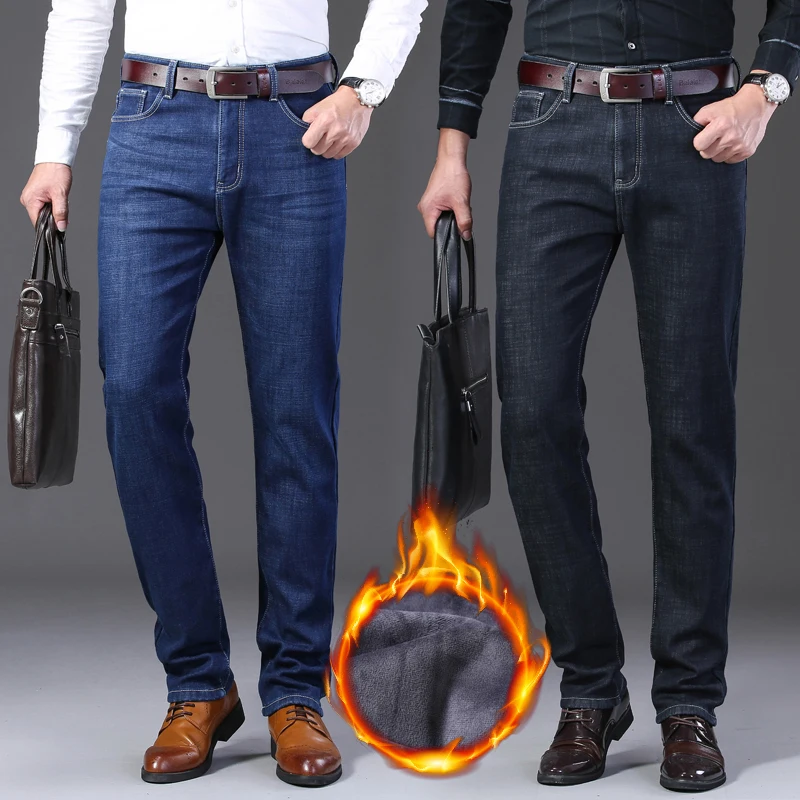 Зимние джинсы для мужчин синие Homme теплые черные облегающие брюки байкерские