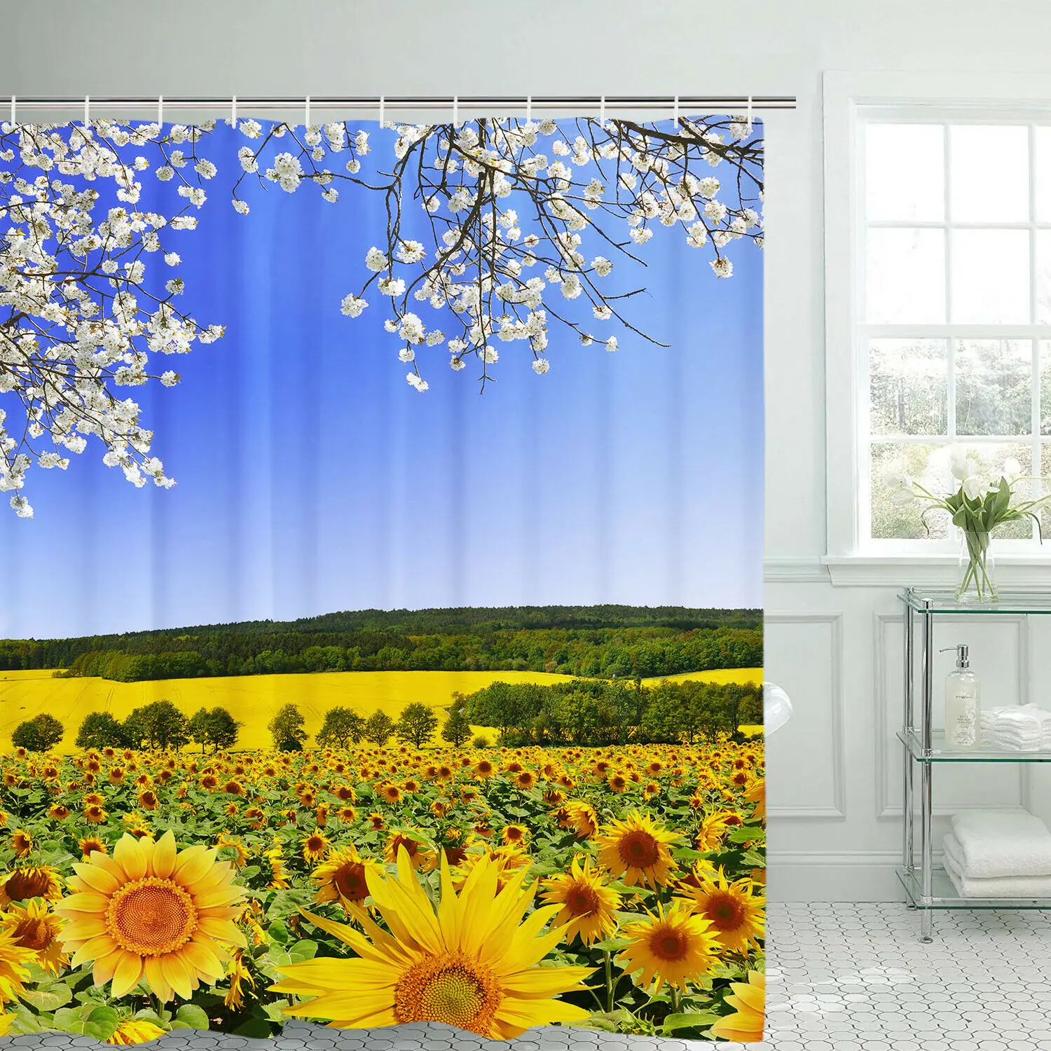

Waterproof Shower Curtain Mountain Sun Flow Print Bathroom Decor Shower Curtain