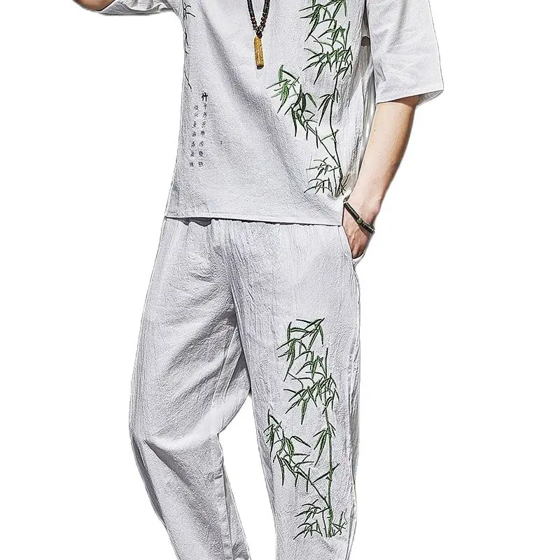 

Chinese Style Men Cotton and Linen Long Sleeved T-shirt+Pant Sets Men Solid Sport Suit Casual Tracksuit Male Size M-5XL