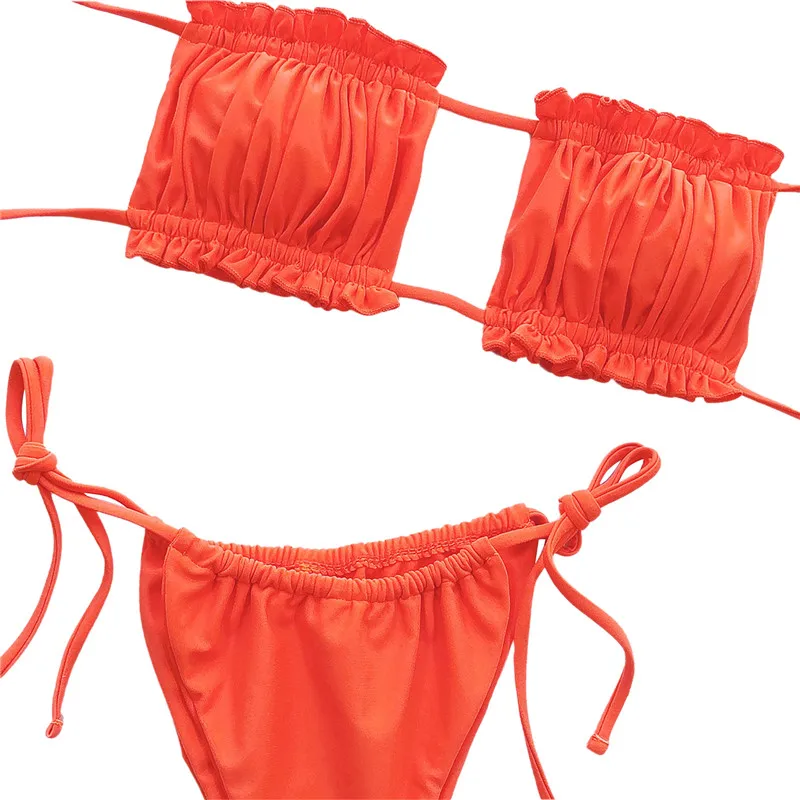 Комплект бикини женский без бретелек с декоративными складками регулируемые