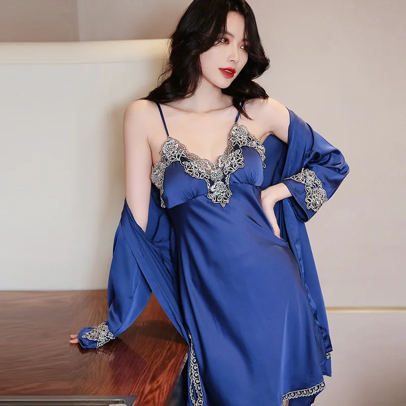 

Sexy Lace Robe Set Women Satin 2PCS Sleepwear Female Kimono Gown Casual Nightwear Loose Intimate Lingerie Summer Home Clothes