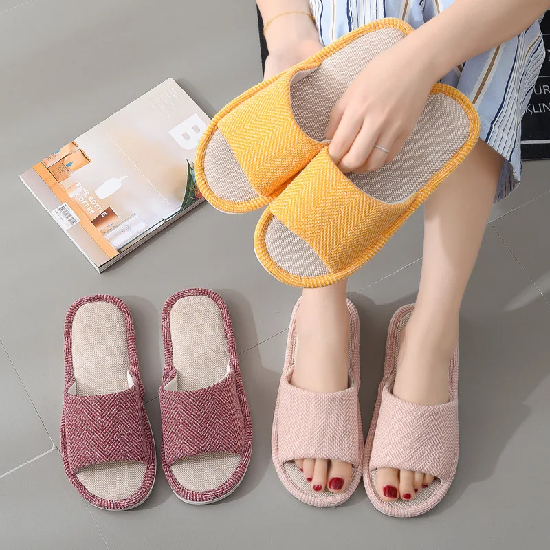 Spring 2021 linen four seasons indoor slippers cotton linen couple non-slip soft sole household wholesale quiet flat women's